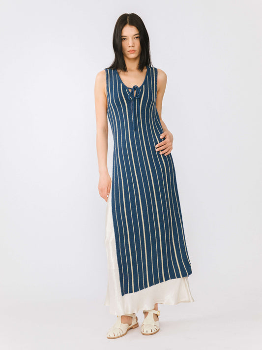 High Slit Striped Knit Sleeveless Dress