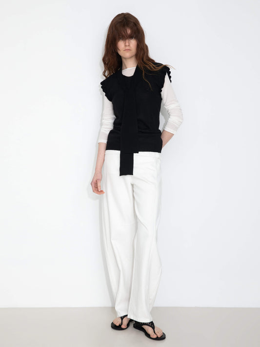 Ruffled Sleeve Sleeveless Knit Top with Attached Scarf