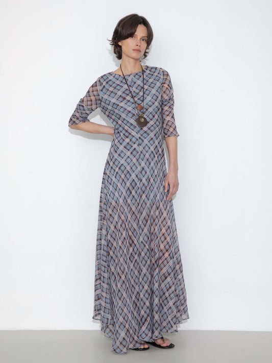 Checkered Crew Neck Long Sleeve Dress