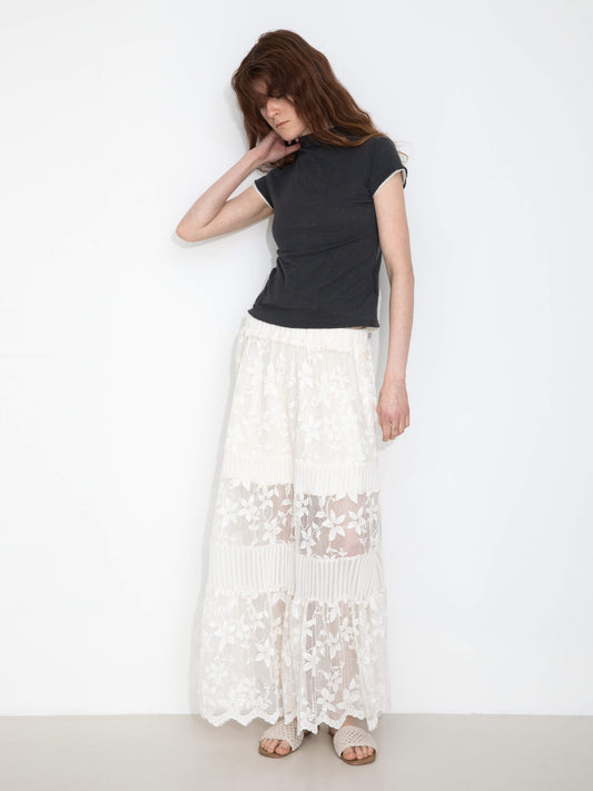 Textured Floral Print Lace Panel Skirt