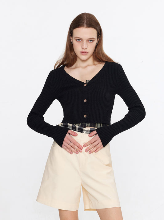 Cropped V-neck Rib Knit Cardigan