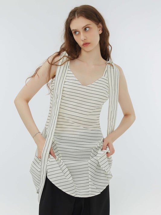 Striped Lace-Up Straps Draped Dress