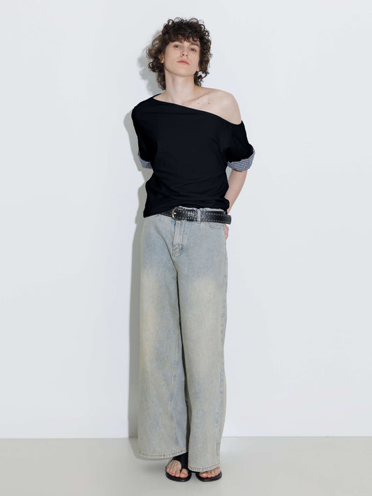 One-Shoulder Color-Block Short Sleeve Top