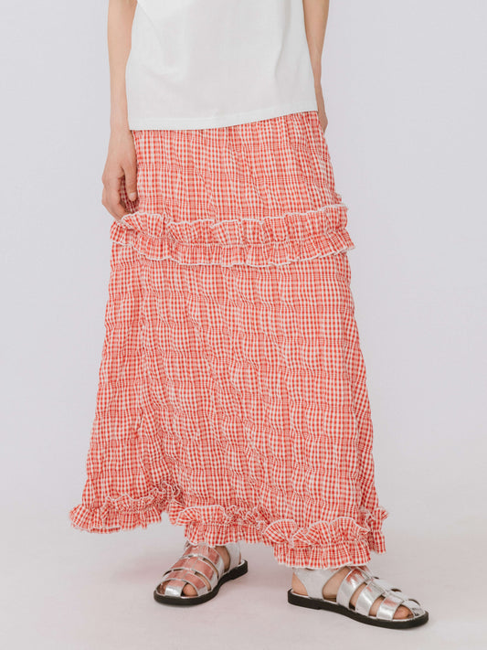 Red Tartan Frilled Midi Skirt
