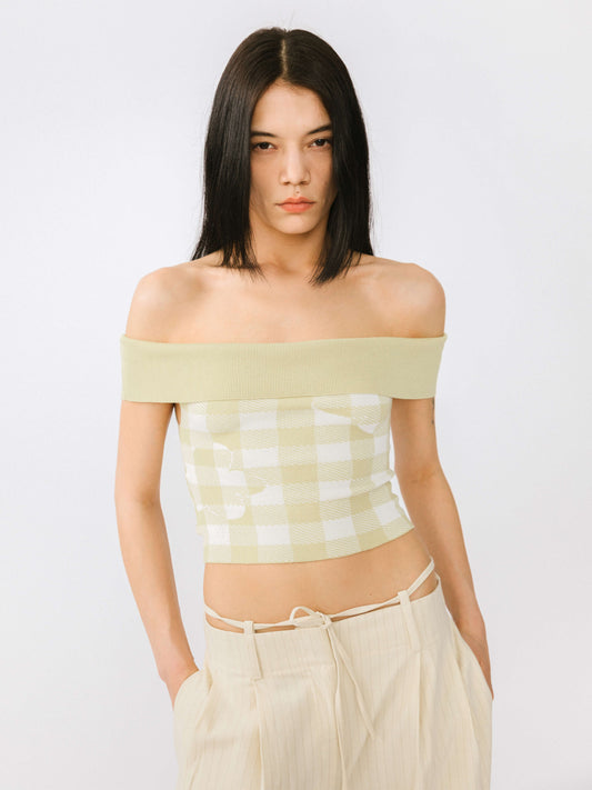 Off-Shoulder Checkered Knit Cami Top