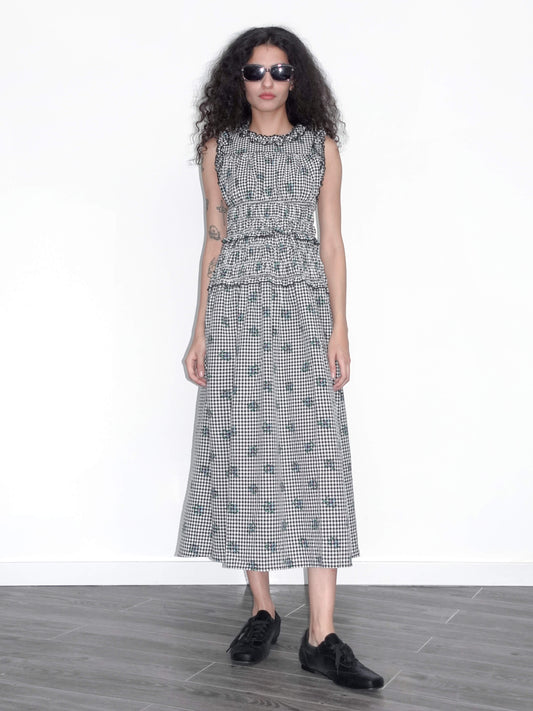 Black and White Check Floral Sleeveless Dress