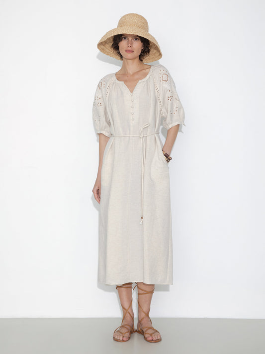 Loose-Fit Eyelet Embroidered Short-Sleeve Dress