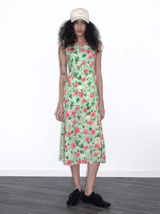 Rose Print Sleeveless Slit Dress
