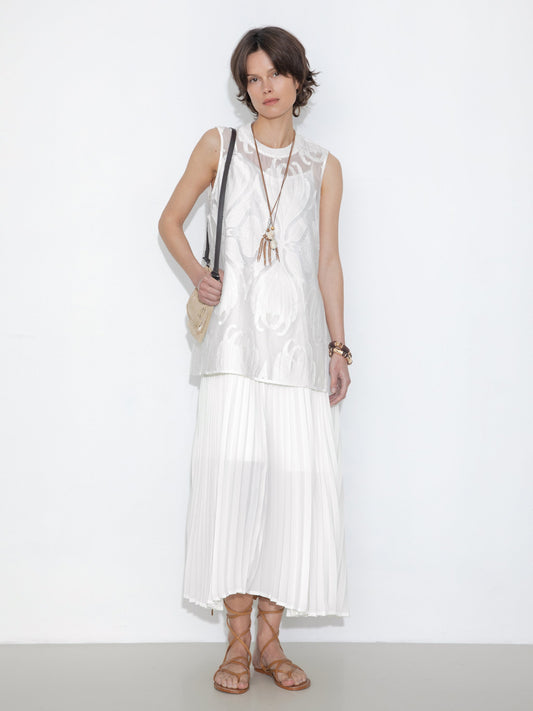 Sheer Patterned Sleeveless Pleated Skirt