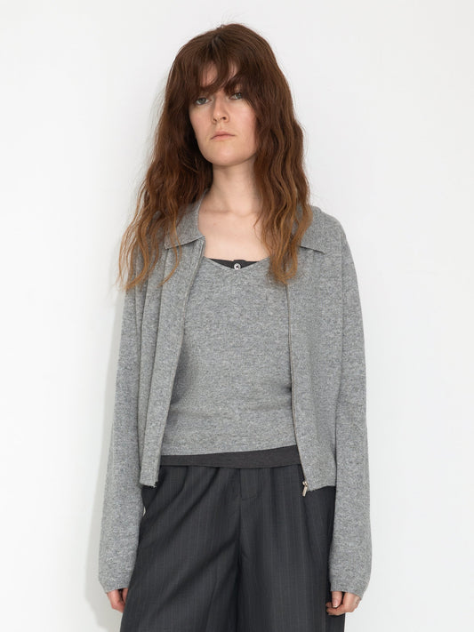 Zip-Up Collared Cropped Knit Cardigan & Vest Set