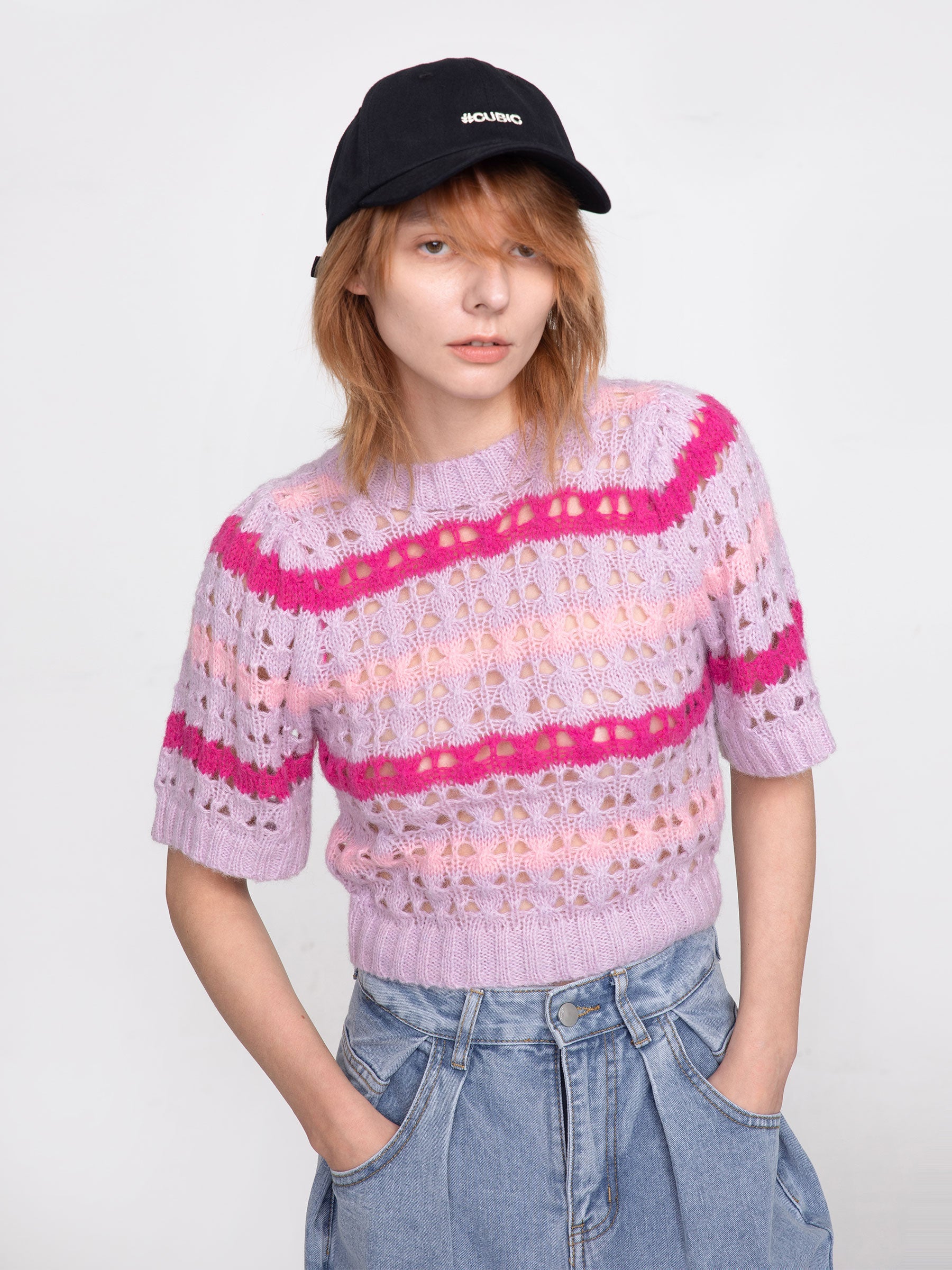 CUBIC Women's Striped Cropped Knit T-shirt