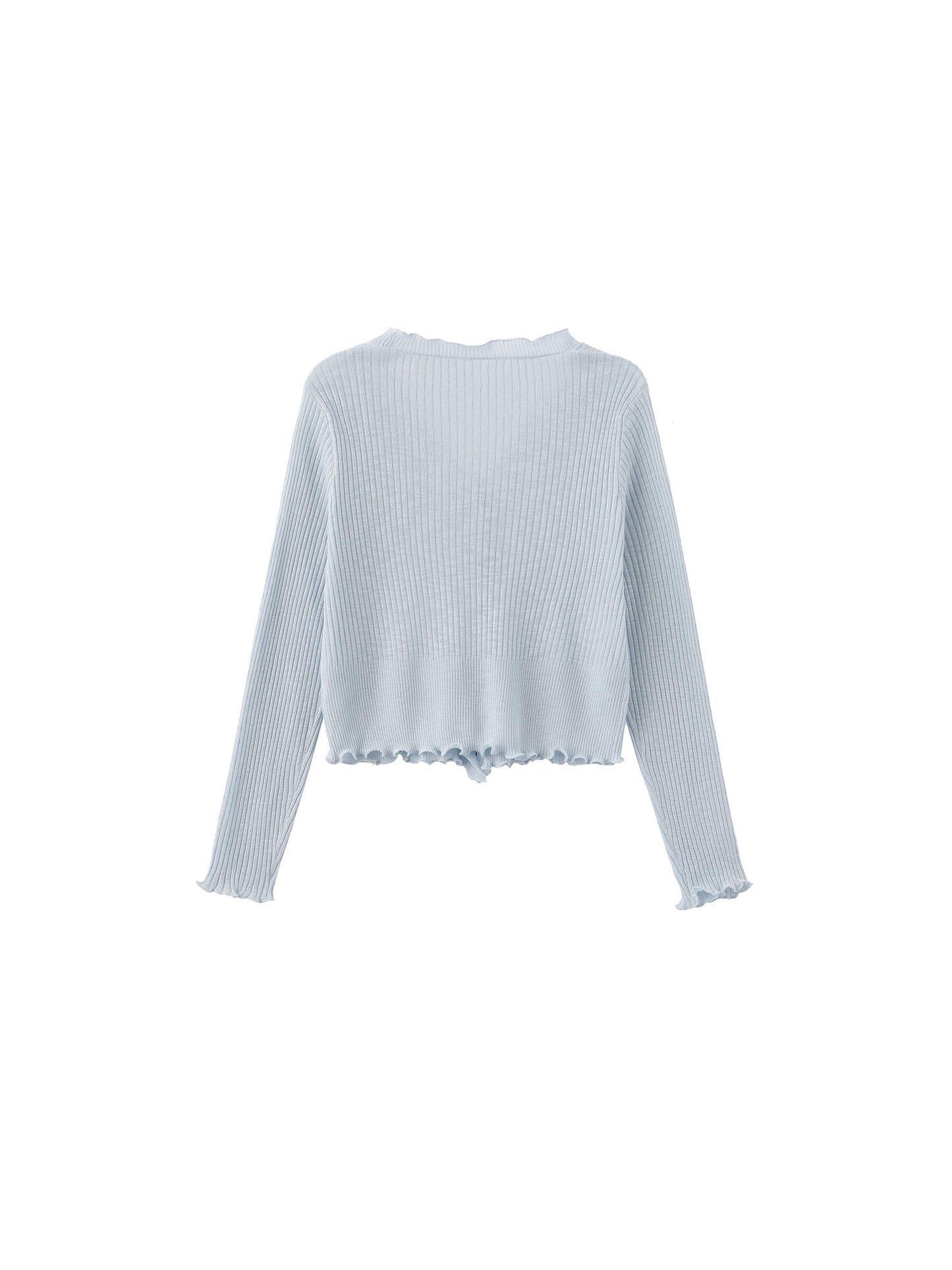 V-Neck Knit Cardigan with Ruffled Long Sleeves