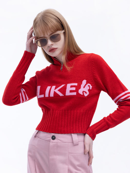 High Neck Zip Up Crop Knit Top