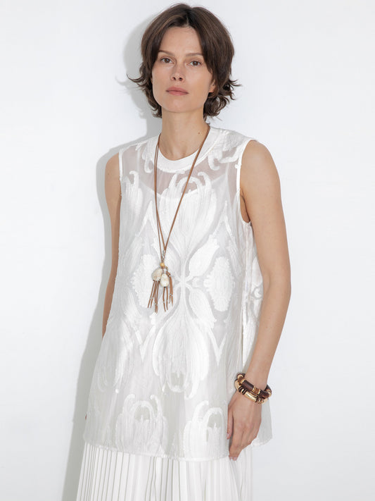 Sheer Patterned Sleeveless Pleated Skirt