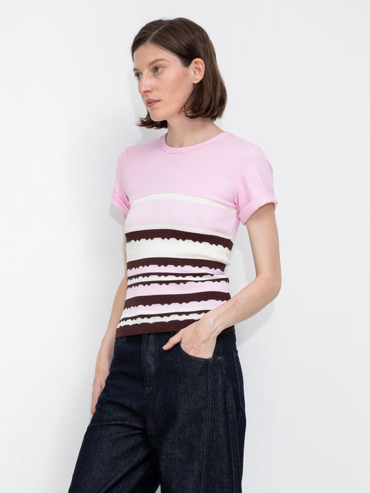 Round Neck Striped Color Block Knitted T-shirt