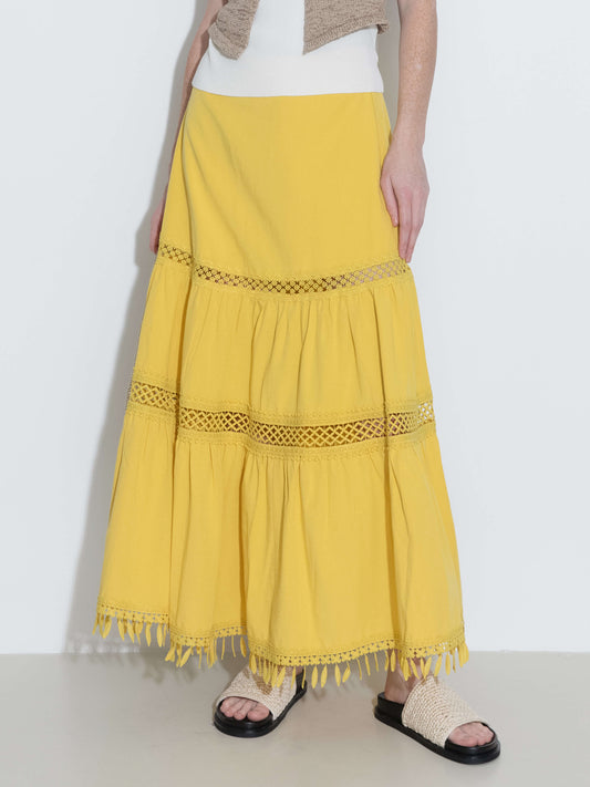 High-Waisted Hollow Out Tassel Trim Maxi Skirt
