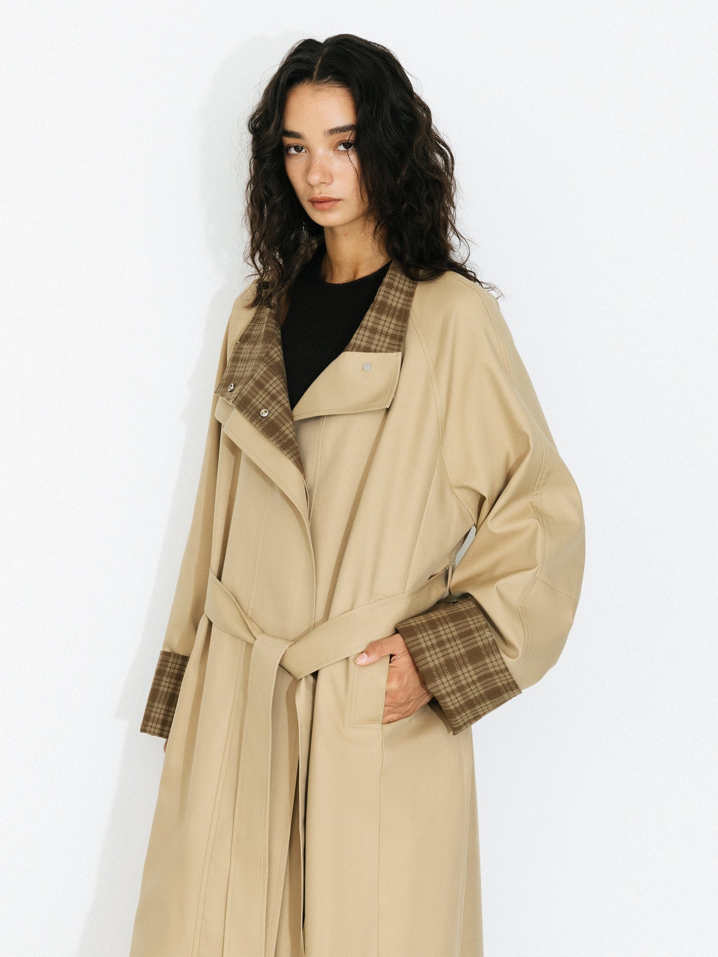 Funnel Neck Colorblock Cuff Trench Coat