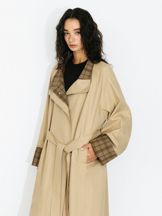Funnel Neck Colorblock Cuff Trench Coat