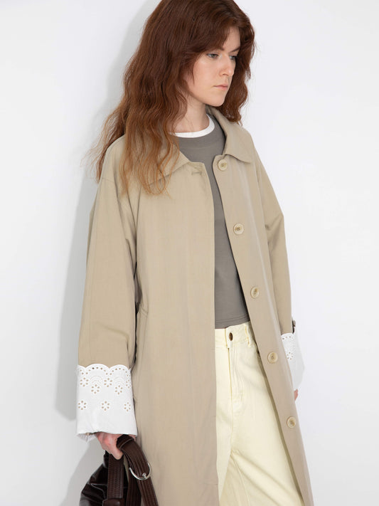 Oversized Thin Trench Coat with Lace Cuffs