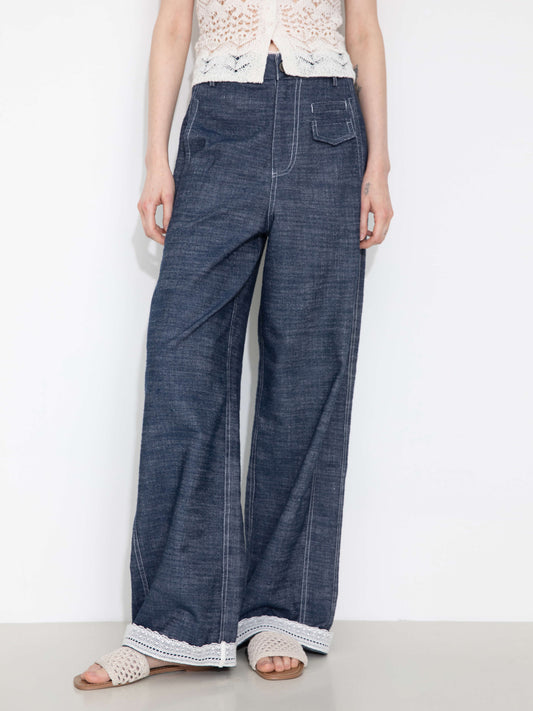 Linen-Cotton Lace Wide-Leg Straight Jeans