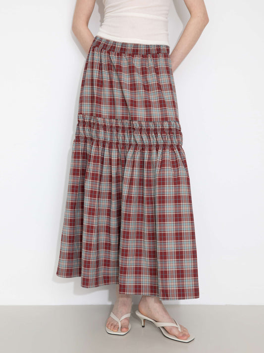Elastic Drawstring High Waist Checked Skirt
