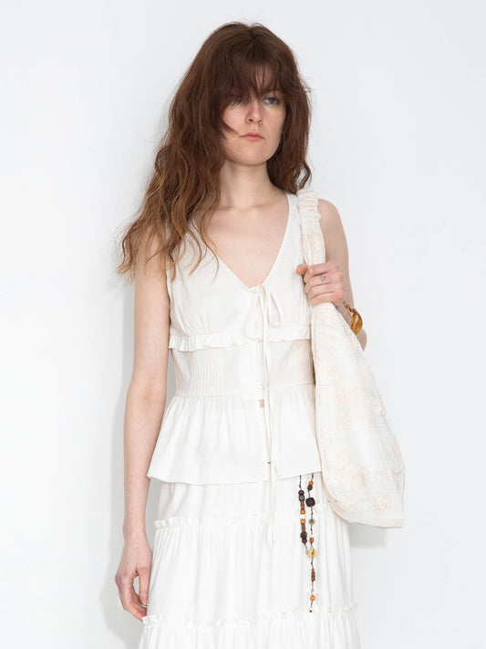 V-Neck Ruffle Trim Tie-Front Sleeveless Top