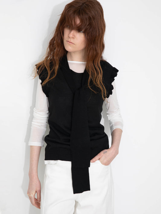 Ruffled Sleeve Sleeveless Knit Top with Attached Scarf