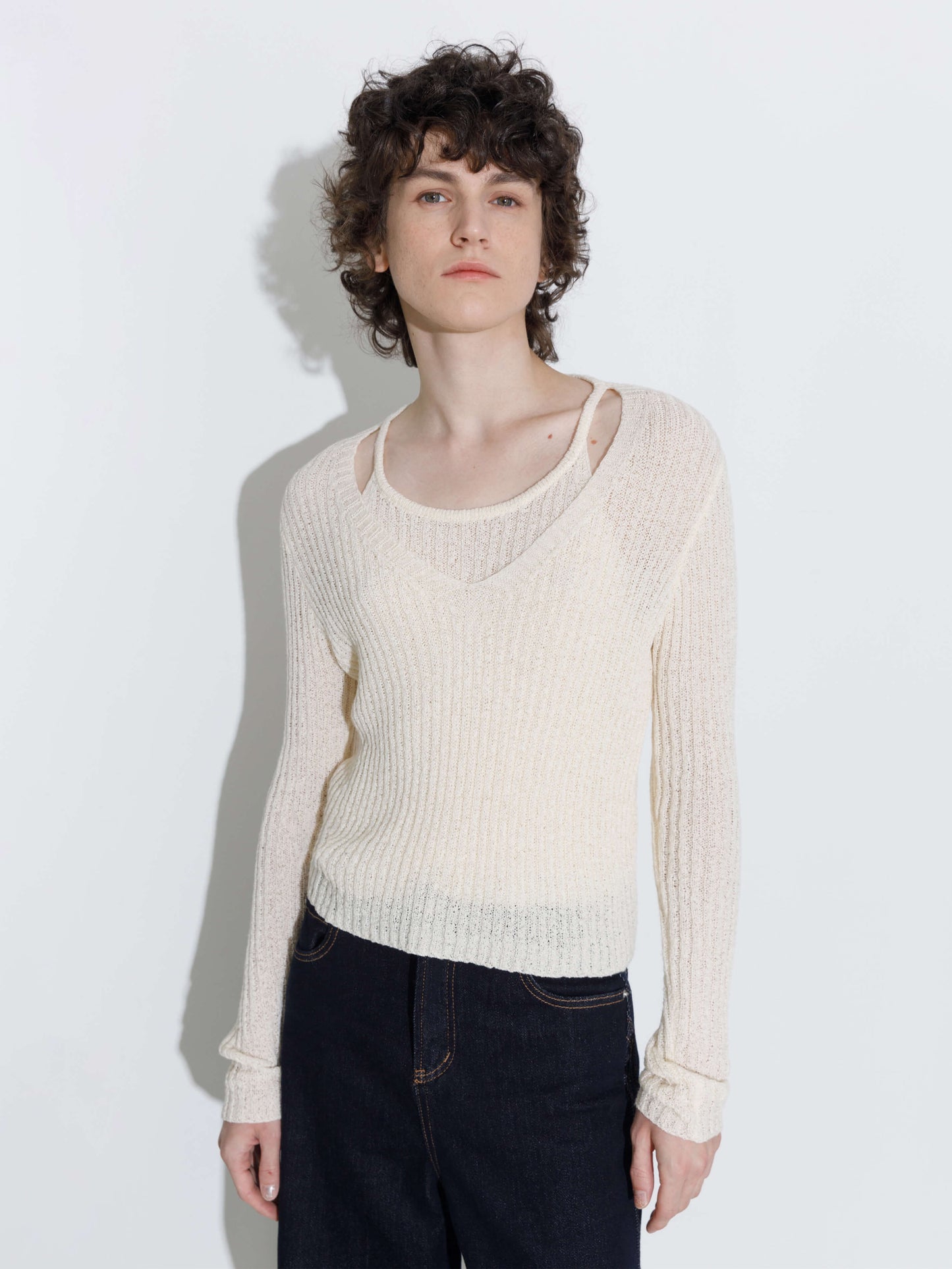 Faux Two-Piece Design Halter Neck Long Sleeve Knit Top