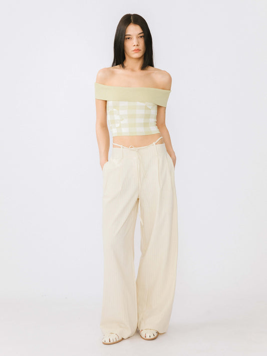 Beige Vertical Striped Wide Leg Casual Trousers