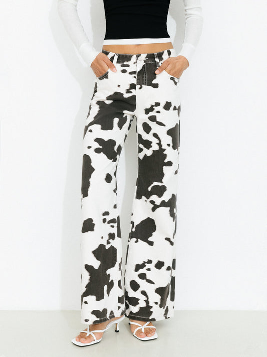 Cow Print Wide-Leg Trousers