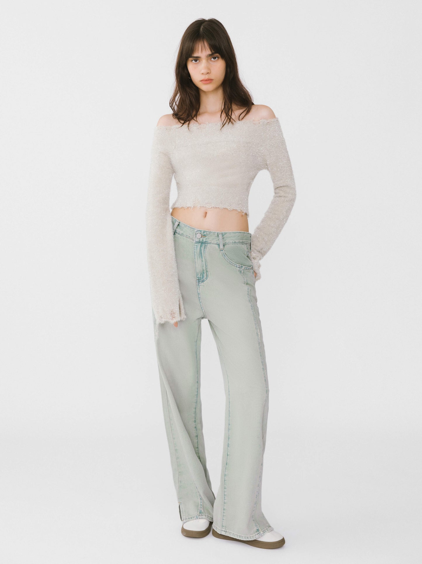 Off-Shoulder Long Sleeve Knit Crop Top