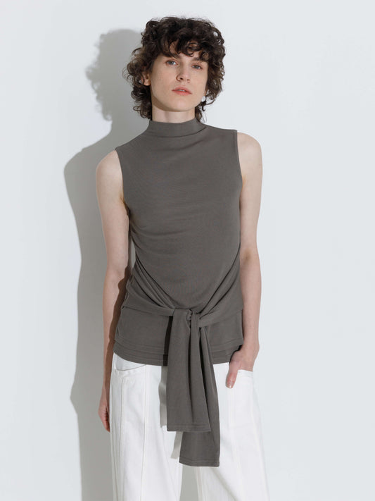 Tie-Detail Sleeveless Mock Neck Top