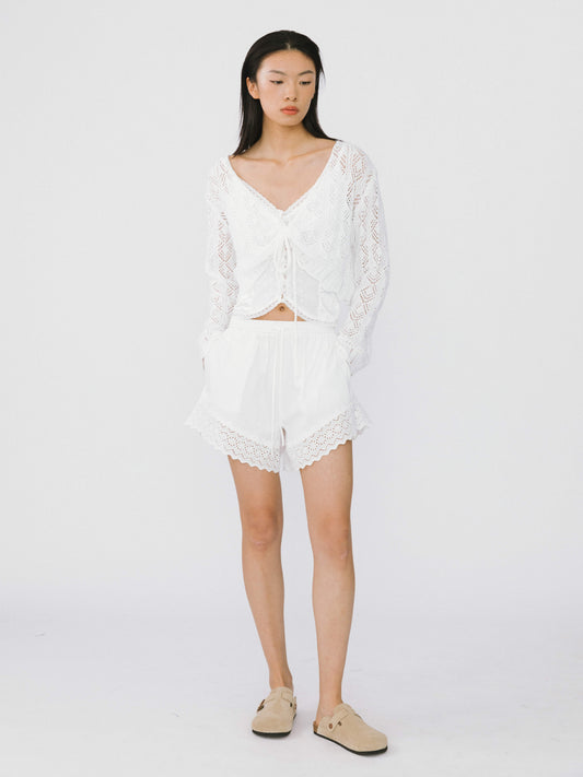 Thin Knit V-Neck Drawstring Top