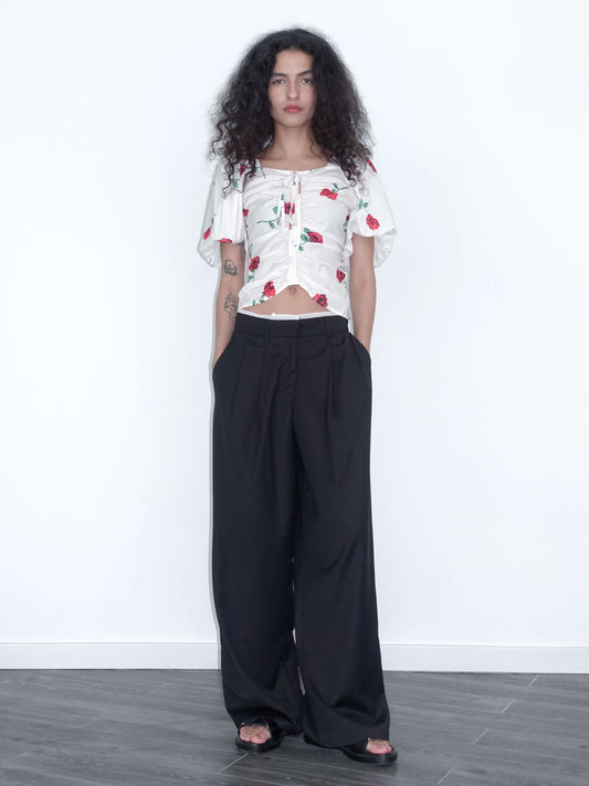Square Neck Puff Sleeve Flower Print T-shirt