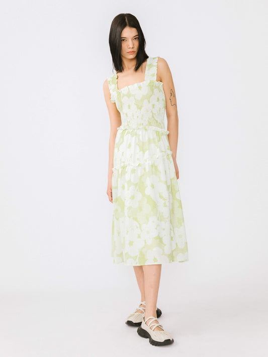 Plaid and Floral A-line Midi Dress