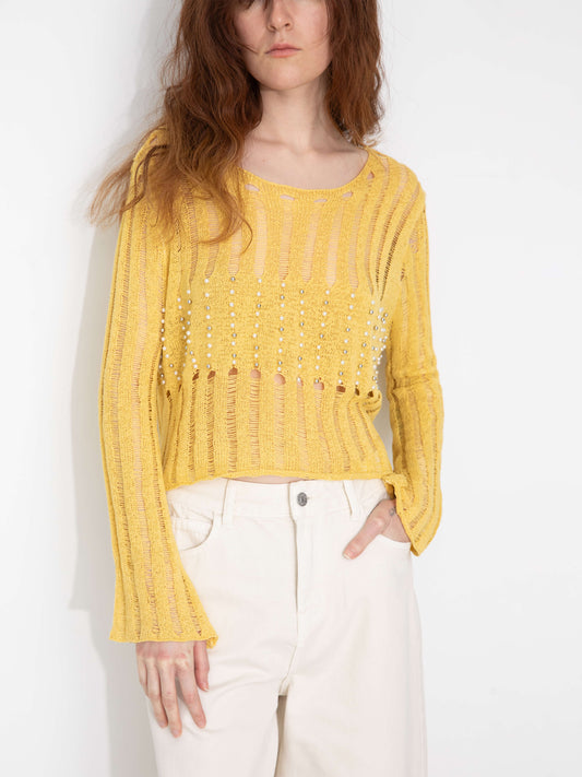 Beaded Hollow-Out Knit Top with Flare Sleeves