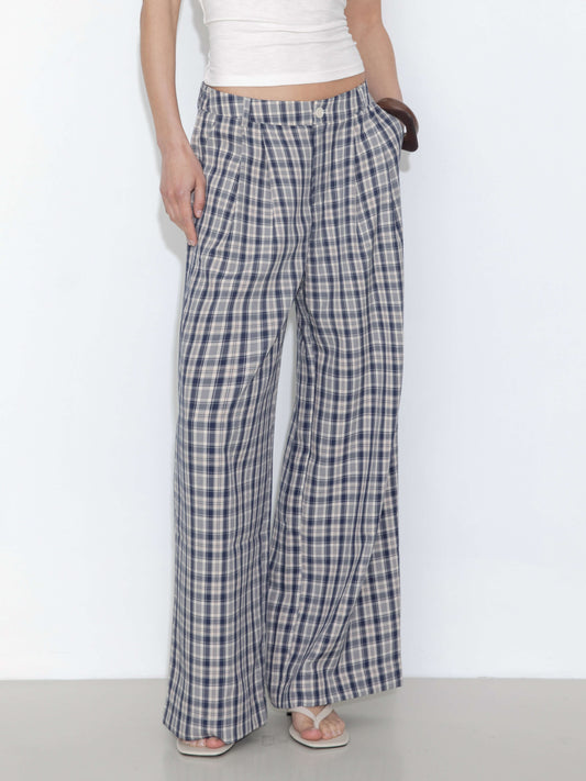 Striped Check High-Waisted Wide-Leg Casual Pants