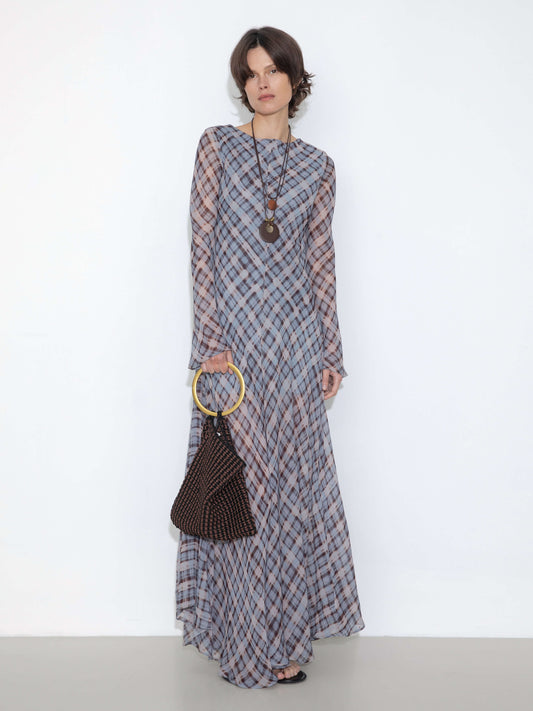 Checkered Crew Neck Long Sleeve Dress