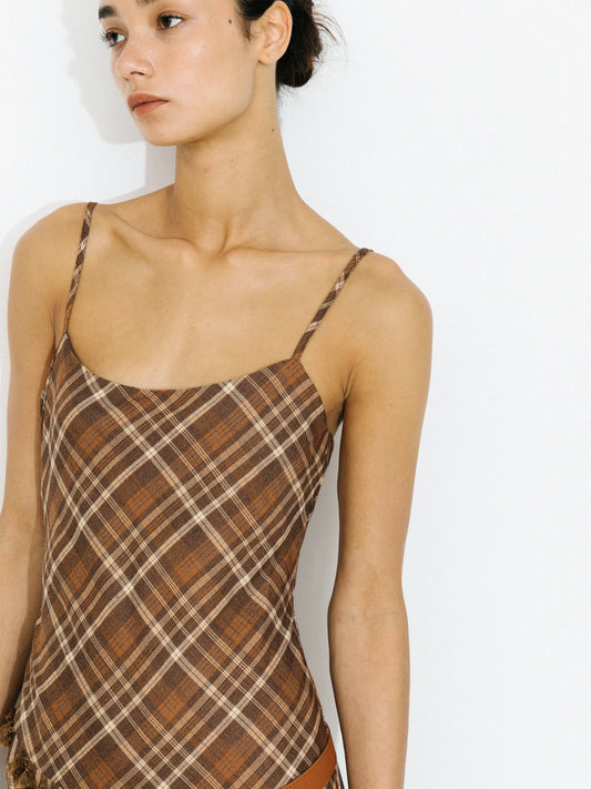 Checkered A-Line Cami Dress with Asymmetrical Hem