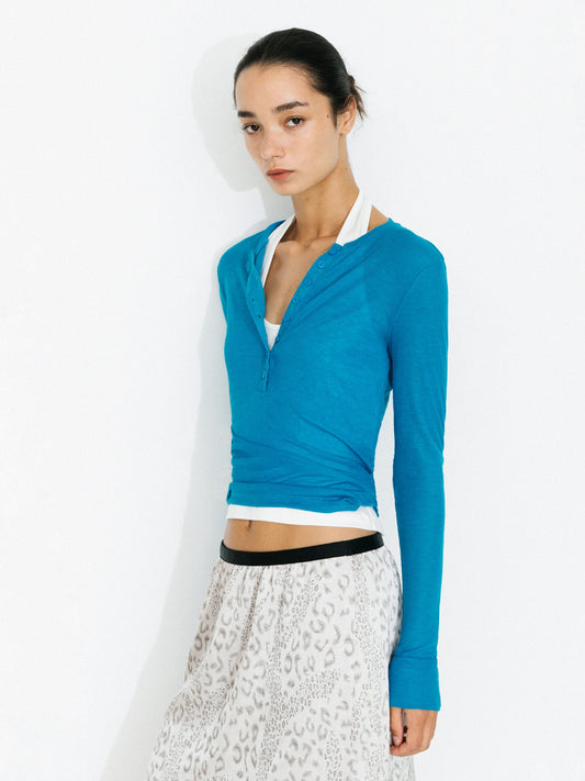 C by CUBIC Henley Neck Slim-Fit Long-Sleeve Top