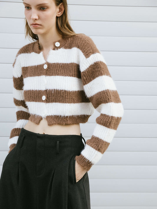 Striped Mock Neck Fluffy Cardigan