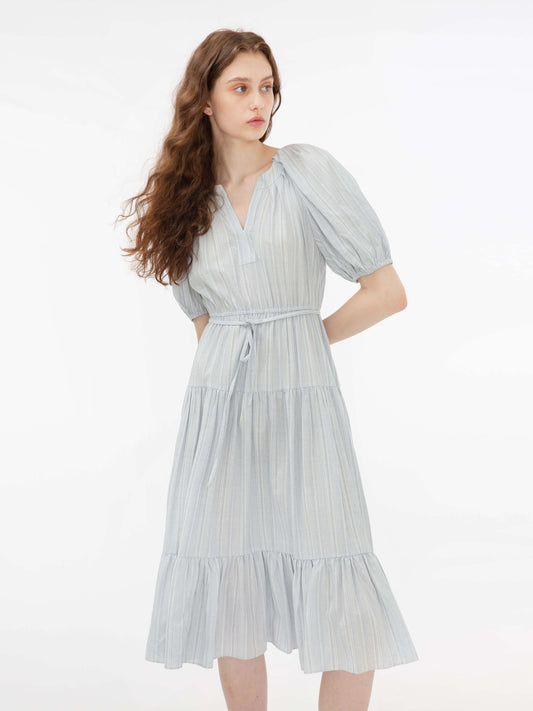Puff Sleeve V-Neck Tiered Dress