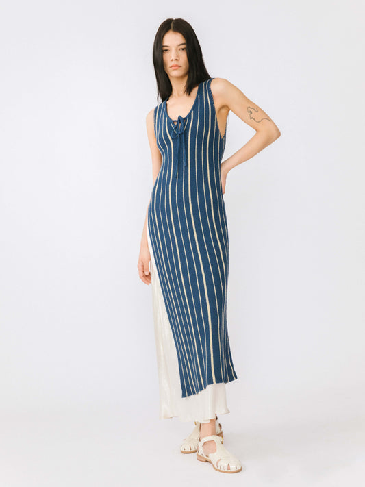 High Slit Striped Knit Sleeveless Dress