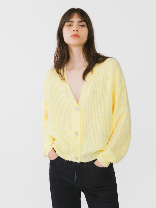Casual V-Neck Ribbed Knit Cardigan with Wool Blend