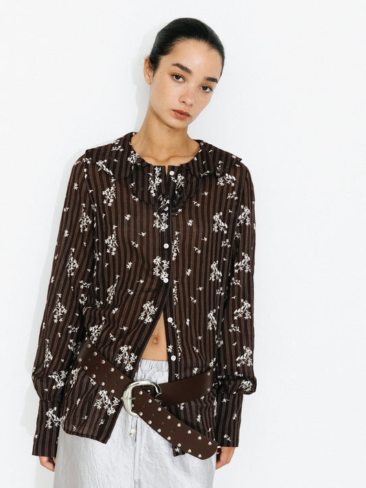 Striped Floral Ruffle Collar Cotton Shirt