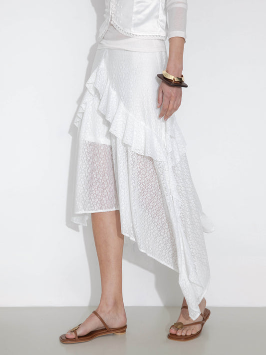 Asymmetrical Ruffled Floral Eyelet Skirt