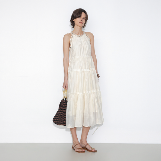 A-Line Halter Round-Neck Embroidered Maxi Dress