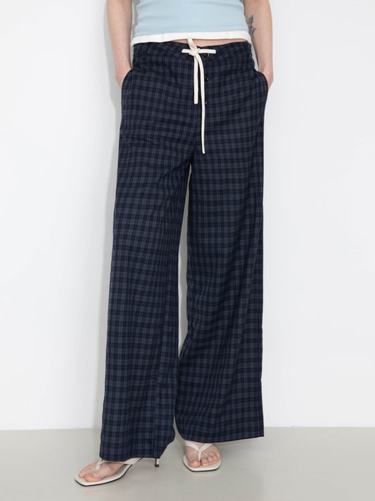 Drawstring Checkered Wide-Leg Casual Pants