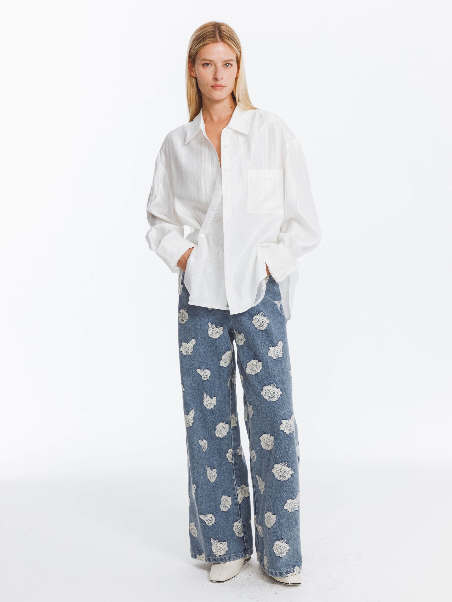 Retro Rose Print Washed Straight Leg Jeans