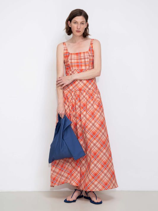 Red Check Print Square Neck Dress